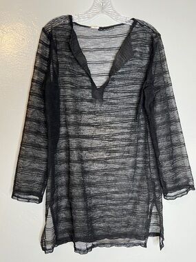 LA BLANCA  BEATTIE BLACK OPEN WEAVE boxy SWIM COVERUP TUNIC SIZE SMALL beachy